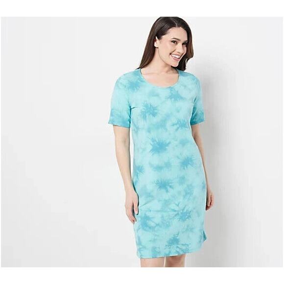 DENIM & CO. NEW $50 French Terry Crystal Wash Tie-Dye T-Shirt Dress Turquoise S - Picture 1 of 2